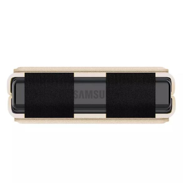 Samsung Galaxy Z Flip4 SM-F721B, Műanyag hátlap védőtok, bőrhatású hátlap, kitámasztóval, Nillkin Qin Vegan, arany