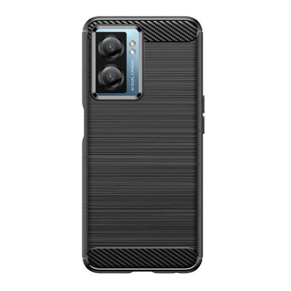 Oppo A57 5G / A77 5G, Szilikon tok, közepesen ütésálló, szálcsiszolt, karbon minta, fekete