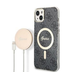 Apple iPhone 14, Műanyag hátlap védőtok, + 15W Magsafe töltő,. textíl hátlap, Guess minta, Magsafe kompatibilis, Guess 4G, fekete