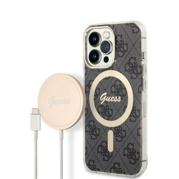 Apple iPhone 13 Pro Max, Műanyag hátlap védőtok, + 15W Magsafe töltő,. textíl hátlap, Guess minta, Magsafe kompatibilis, Guess 4G, fekete