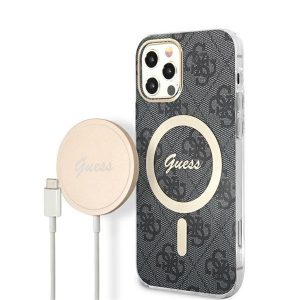 Apple iPhone 12 / 12 Pro, Műanyag hátlap védőtok, + 15W Magsafe töltő,. textíl hátlap, Guess minta, Magsafe kompatibilis, Guess 4G, fekete