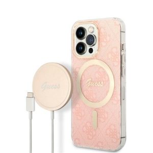 Apple iPhone 13 Pro, Műanyag hátlap védőtok, + 15W Magsafe töltő,. textíl hátlap, Guess minta, Magsafe kompatibilis, Guess 4G, rózsaszín