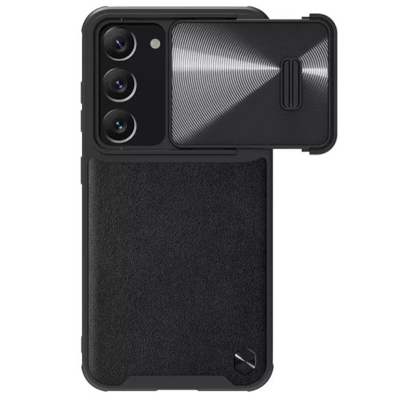 Samsung Galaxy S23 SM-S911, Műanyag hátlap védőtok, szilikon keret, kamera védelem, közepesen ütésálló, bőrhatású hátlap, Nillkin CamShield Leather "S", fekete