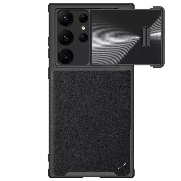 Samsung Galaxy S23 Ultra SM-S918, Műanyag hátlap védőtok, szilikon keret, kamera védelem, közepesen ütésálló, bőrhatású hátlap, Nillkin CamShield Leather "S", fekete