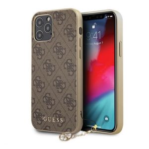 Apple iPhone 13 Pro, Műanyag hátlap védőtok, telefondísszel, Guess minta, Guess 4G Charms, barna