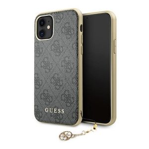 Apple iPhone 13, Műanyag hátlap védőtok, telefondísszel, Guess minta, Guess 4G Charms, szürke