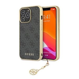 Apple iPhone 13 Pro Max, Műanyag hátlap védőtok, telefondísszel, Guess minta, Guess 4G Charms, szürke