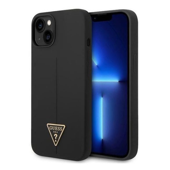 Apple iPhone 14, Szilikon tok, matt, Guess Metal Triangle Tone Logo, fekete