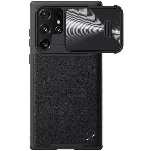 Samsung Galaxy S22 Ultra 5G SM-S908, Műanyag hátlap védőtok, szilikon keret, kamera védelem, közepesen ütésálló, bőrhatású hátlap, Nillkin CamShield Leather "S", fekete