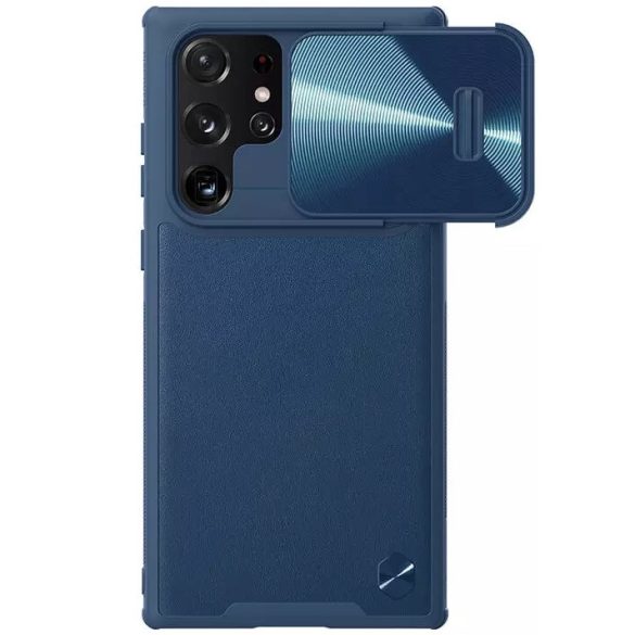 Samsung Galaxy S22 Ultra 5G SM-S908, Műanyag hátlap védőtok, szilikon keret, kamera védelem, közepesen ütésálló, bőrhatású hátlap, Nillkin CamShield Leather "S", kék