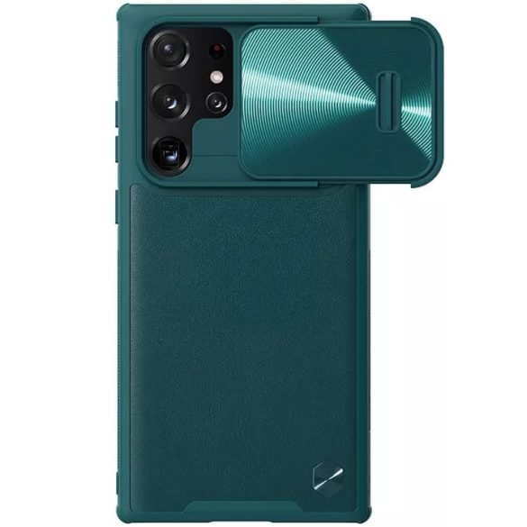 Samsung Galaxy S22 Ultra 5G SM-S908, Műanyag hátlap védőtok, szilikon keret, kamera védelem, közepesen ütésálló, bőrhatású hátlap, Nillkin CamShield Leather "S", zöld
