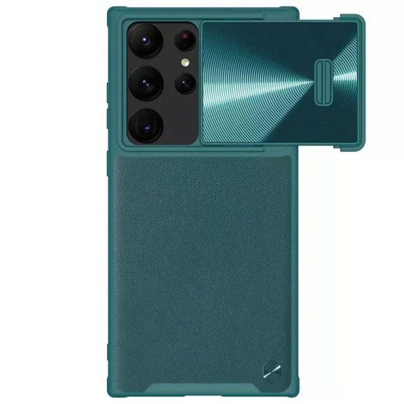 Samsung Galaxy S23 Ultra SM-S918, Műanyag hátlap védőtok, szilikon keret, kamera védelem, közepesen ütésálló, bőrhatású hátlap, Nillkin CamShield Leather "S", zöld
