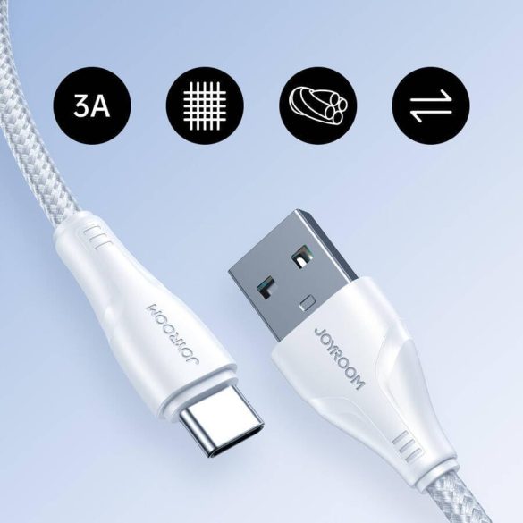 USB töltő- és adatkábel, USB Type-C, 120 cm, 3000 mA, törésgátlóval, gyorstöltés, cipőfűző minta, Joyroom Surpass, S-UC027A11, fehér