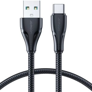 USB töltő- és adatkábel, USB Type-C, 120 cm, 3000 mA, törésgátlóval, gyorstöltés, cipőfűző minta, Joyroom Surpass, S-UC027A11, fekete