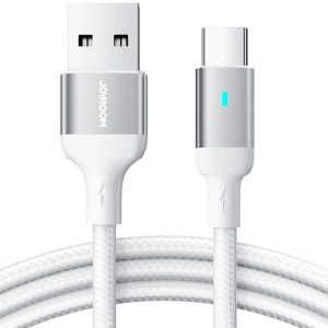 USB töltő- és adatkábel, USB Type-C, 120 cm, 3000 mA, LED-es, gyorstöltés, cipőfűző minta, Joyroom A10, fehér