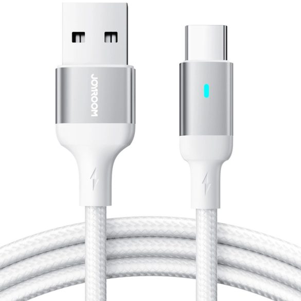 USB töltő- és adatkábel, USB Type-C, 120 cm, 3000 mA, LED-es, gyorstöltés, cipőfűző minta, Joyroom A10, fehér