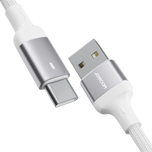 USB töltő- és adatkábel, USB Type-C, 120 cm, 3000 mA, LED-es, gyorstöltés, cipőfűző minta, Joyroom A10, fehér