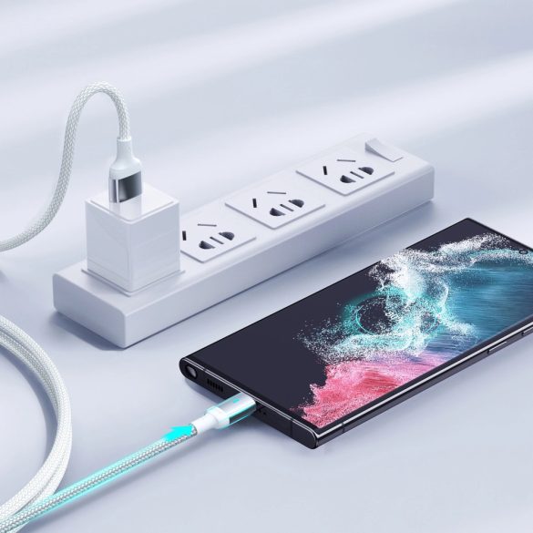 USB töltő- és adatkábel, USB Type-C, 120 cm, 3000 mA, LED-es, gyorstöltés, cipőfűző minta, Joyroom A10, fehér