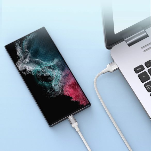 USB töltő- és adatkábel, USB Type-C, 120 cm, 3000 mA, LED-es, gyorstöltés, cipőfűző minta, Joyroom A10, fehér