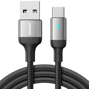 USB töltő- és adatkábel, USB Type-C, 120 cm, 3000 mA, LED-es, gyorstöltés, cipőfűző minta, Joyroom A10, fekete