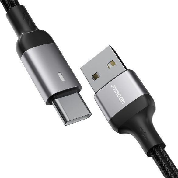 USB töltő- és adatkábel, USB Type-C, 120 cm, 3000 mA, LED-es, gyorstöltés, cipőfűző minta, Joyroom A10, fekete