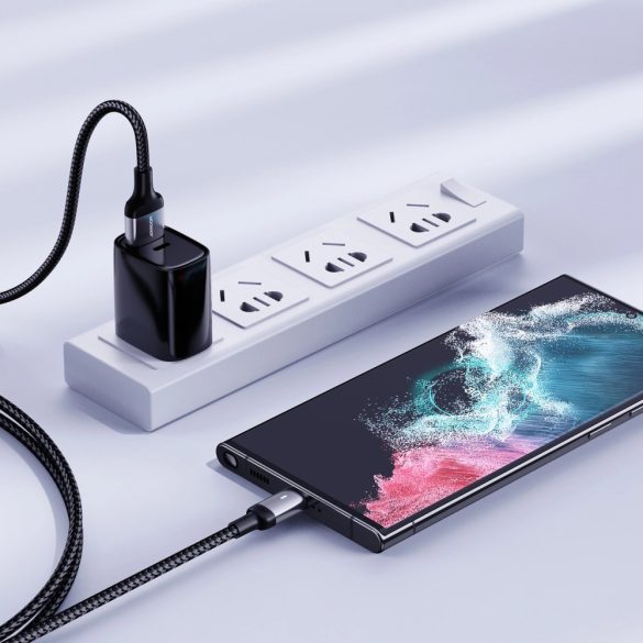 USB töltő- és adatkábel, USB Type-C, 120 cm, 3000 mA, LED-es, gyorstöltés, cipőfűző minta, Joyroom A10, fekete