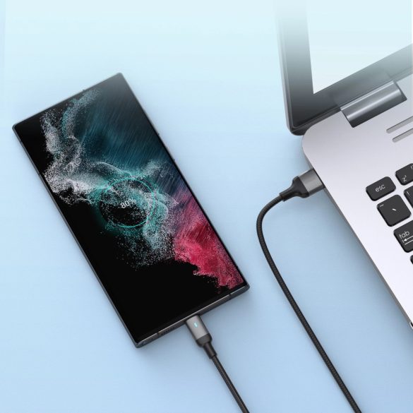 USB töltő- és adatkábel, USB Type-C, 120 cm, 3000 mA, LED-es, gyorstöltés, cipőfűző minta, Joyroom A10, fekete