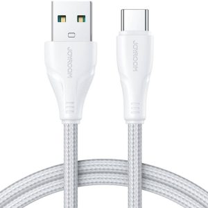 USB töltő- és adatkábel, USB Type-C, 200 cm, 3000 mA, törésgátlóval, gyorstöltés, cipőfűző minta, Joyroom Surpass, S-UC027A11, fehér