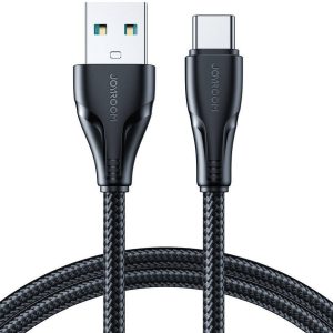 USB töltő- és adatkábel, USB Type-C, 200 cm, 3000 mA, törésgátlóval, gyorstöltés, cipőfűző minta, Joyroom Surpass, S-UC027A11, fekete