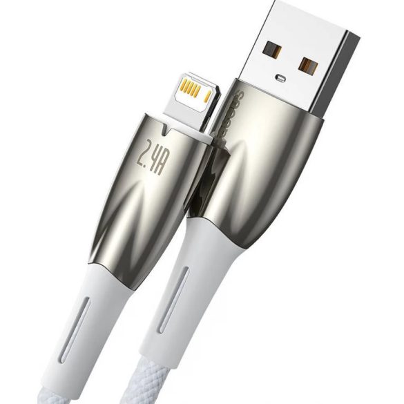 USB töltő- és adatkábel, Lightning, 100 cm, 2400 mA, törésgátlóval, gyorstöltés, Baseus Glimmer, CADH000202, fehér
