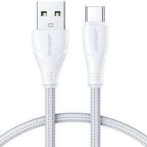 USB töltő- és adatkábel, USB Type-C, 25 cm, 3000 mA, törésgátlóval, gyorstöltés, cipőfűző minta, Joyroom Surpass, S-UC027A11, fehér