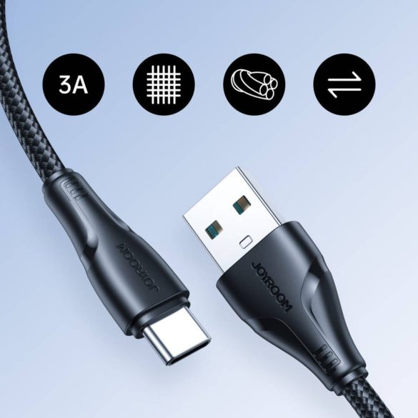 USB töltő- és adatkábel, USB Type-C, 25 cm, 3000 mA, törésgátlóval, gyorstöltés, cipőfűző minta, Joyroom Surpass, S-UC027A11, fekete