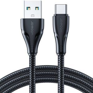 USB töltő- és adatkábel, USB Type-C, 300 cm, 3000 mA, törésgátlóval, gyorstöltés, cipőfűző minta, Joyroom Surpass, S-UC027A11, fekete