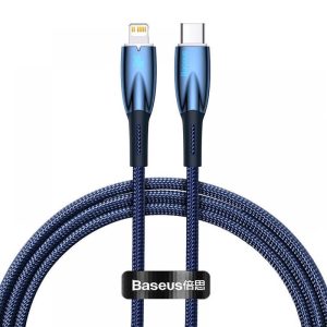 USB Type-C töltő- és adatkábel, Lightning, 100 cm, 2400mA, 20W, törésgátlóval, gyorstöltés, PD, Baseus Glimmer, CADH000003, sötétkék