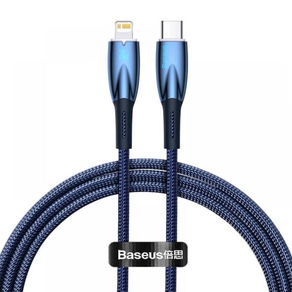 USB Type-C töltő- és adatkábel, Lightning, 100 cm, 2400mA, 20W, törésgátlóval, gyorstöltés, PD, Baseus Glimmer, CADH000003, sötétkék