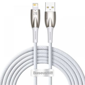 USB töltő- és adatkábel, Lightning, 200 cm, 2400 mA, törésgátlóval, gyorstöltés, Baseus Glimmer, CADH000302, fehér