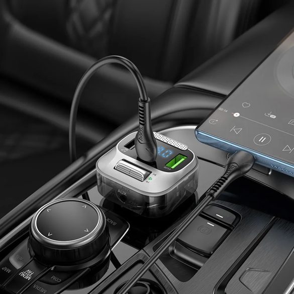 Autós töltő, Szivargyújtós töltő, + FM transzmitter, 2 x USB aljzat, USB Type-C aljzat, v5.0, 30W, AUX csatlakozó, LED kijelzővel, gyorstöltés, Hoco E75, fekete