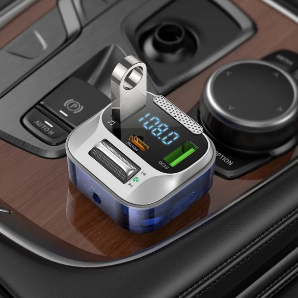 Autós töltő, Szivargyújtós töltő, + FM transzmitter, 2 x USB aljzat, USB Type-C aljzat, v5.0, 30W, AUX csatlakozó, LED kijelzővel, gyorstöltés, Hoco E75, kék