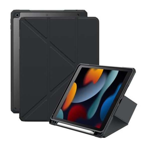 Apple iPad 10.2 (2019 / 2020 / 2021), mappa tok, Apple Pencil tartóval, Origami Smart Case, Baseus Minimalist, fekete