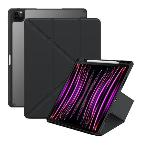 Apple iPad Pro 12.9 (2021) / iPad Pro 12.9 (2022), mappa tok, Apple Pencil tartóval, Origami Smart Case, Baseus Minimalist, fekete
