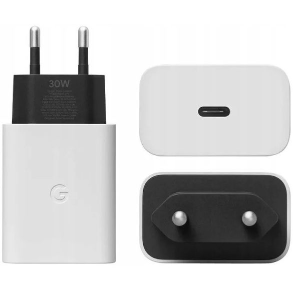 Hálózati töltő adapter, 30W, USB Type-C aljzat, gyorstöltés, PD, Google, fehér, gyári
