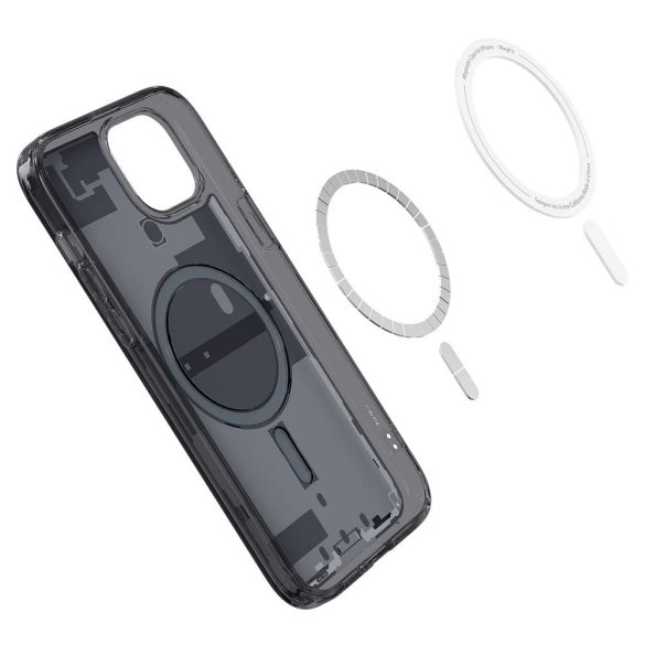 Apple iPhone 13 Pro Max, Műanyag hátlap védőtok + szilikon keret, Magsafe töltővel kompatibilis, iPhone belső minta, Spigen Ultra Hybrid Zero One Mag, átlátszó/füst