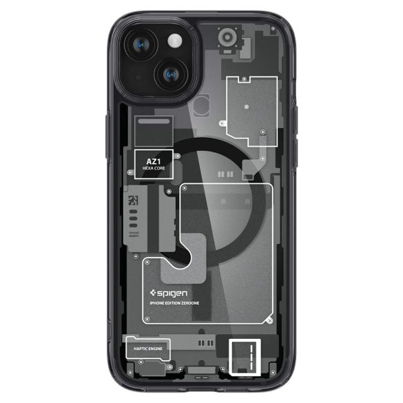 Apple iPhone 13 Pro Max, Műanyag hátlap védőtok + szilikon keret, Magsafe töltővel kompatibilis, iPhone belső minta, Spigen Ultra Hybrid Zero One Mag, átlátszó/füst