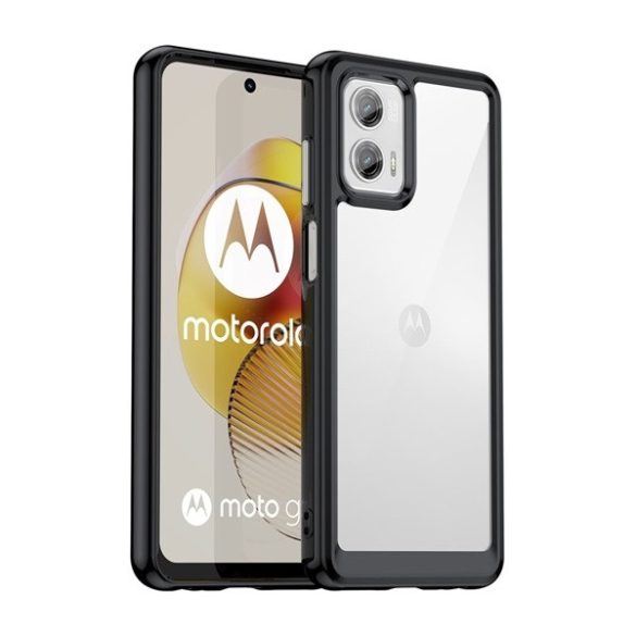 Motorola Moto G73 5G, Műanyag hátlap védőtok + szilikon keret, közepesen ütésálló, átlátszó hátlap, fekete