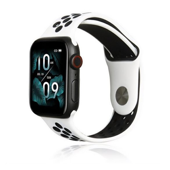 Apple Watch 1-6, SE, SE (2022) (42 / 44 mm) / Watch 7-9 (45 mm) / Watch Ultra (49 mm), szilikon pótszíj, állítható, lyukacsos, fehér/fekete