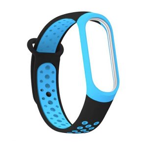 Xiaomi Mi Band 5 / Mi Band 6 / Mi Smart Band 7, szilikon pótszíj, állítható, lyukacsos, kék/fekete