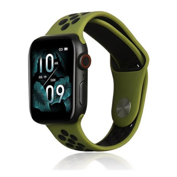 Apple Watch 1-6, SE, SE (2022) (38 / 40 mm) / Watch 7-9 (41 mm), szilikon pótszíj, állítható, lyukacsos, sötétzöld/fekete