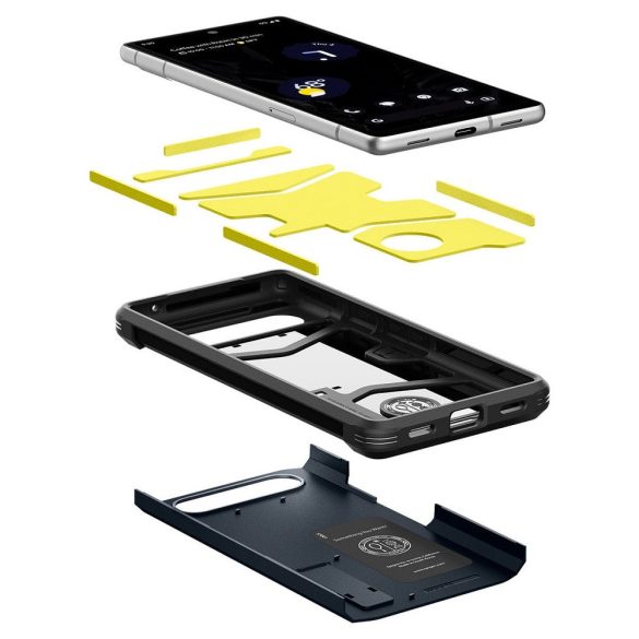 Google Pixel 7a, Szilikon tok + műanyag hátlap, kitámasztóval, Spigen Tough Armor, sötétkék