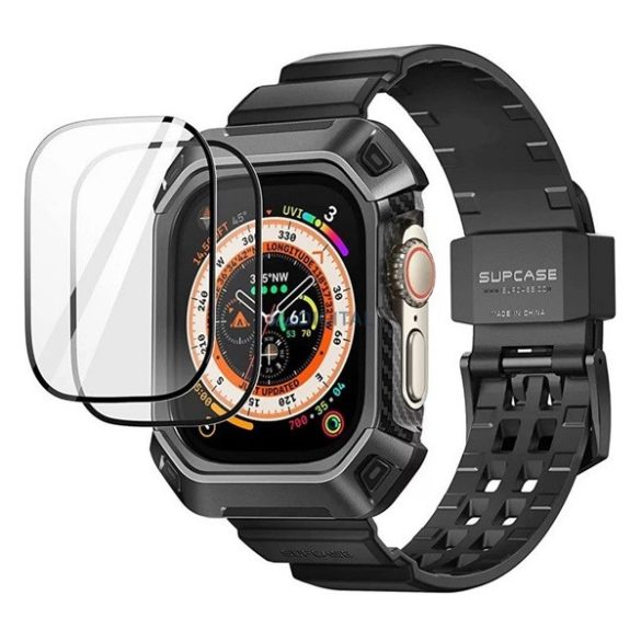 Apple Watch Ultra (49 mm), Műanyag + szilikon védőkeret, + 2 db kijelzővédő üveg, közepesen ütésálló, SupCase Unicorn Beetle Pro Glass, fekete
