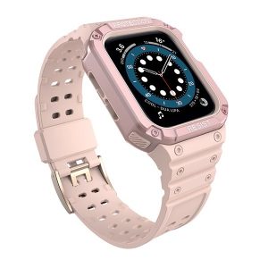 Apple Watch 1-6, SE, SE (2022) (42 / 44 mm) / Watch 7-9 (45 mm), Szilikon védőkeret, közepesen ütésálló, állítható szíjjal, rózsaszín